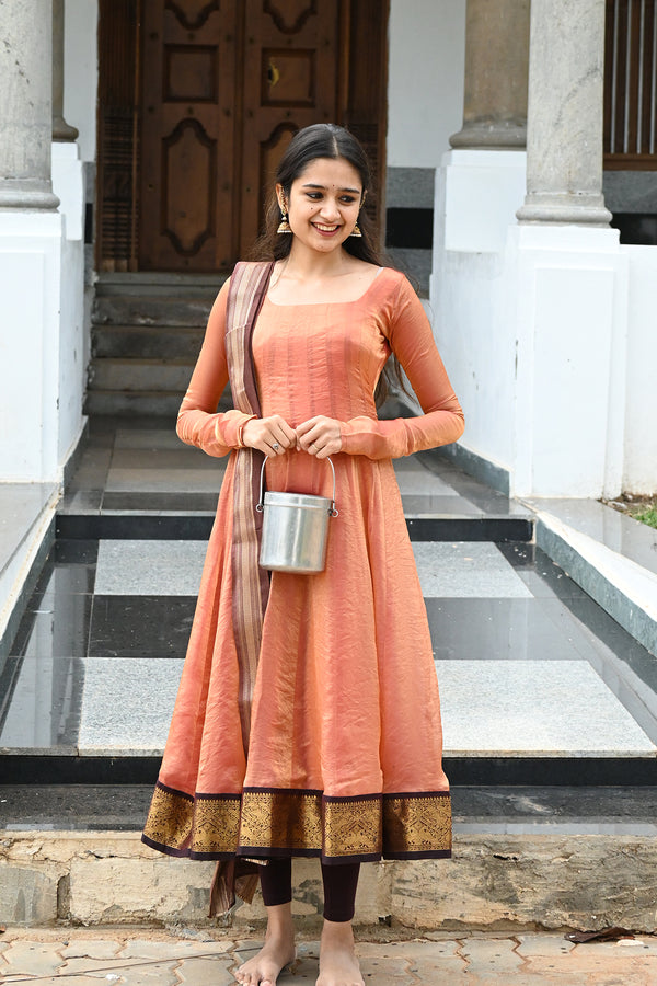 Peach Pink Anarkali with Chettinadu Border and Pure Chanderi Hand Dyed Dupatta