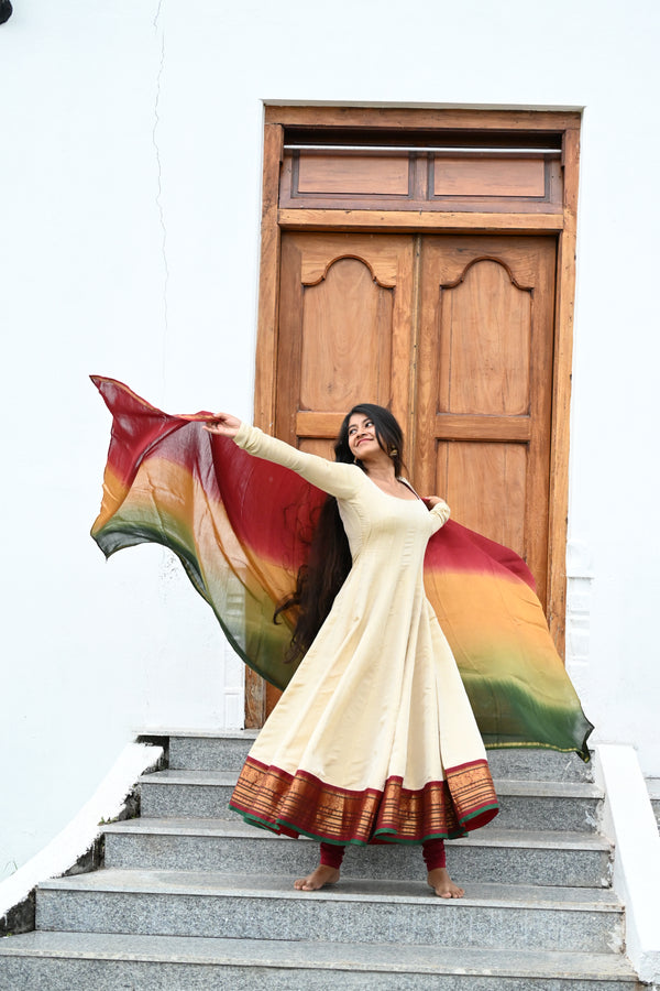 Half white pure tissue anarkali with chettinadu border and chanderi dupatta