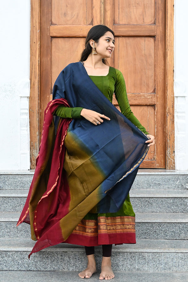 Olive Green Anarkali with Chettinadu Border and Pure Chanderi Dupatta