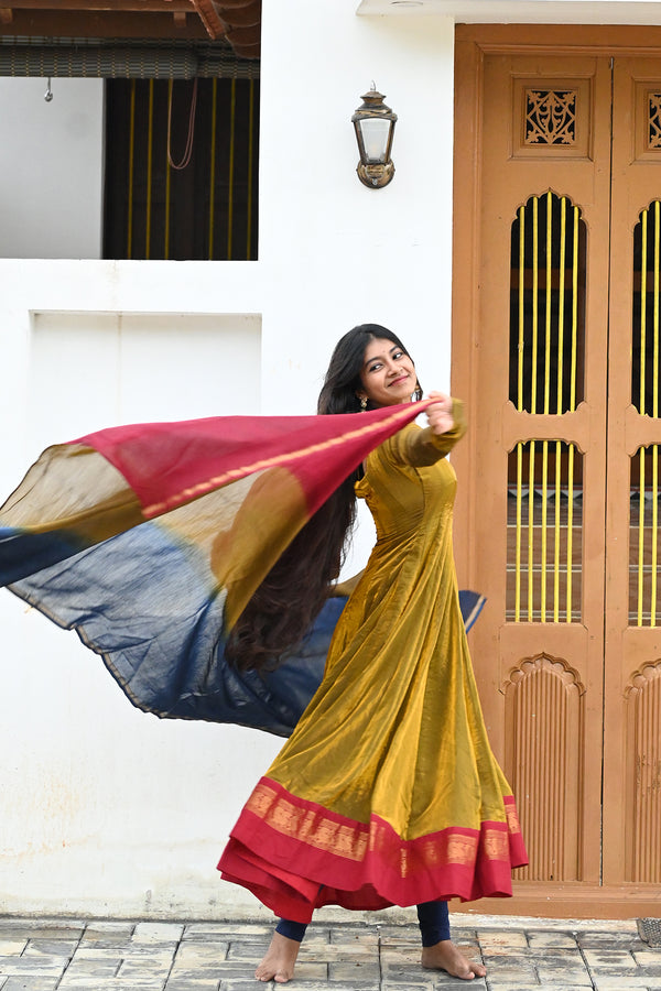 Mehendi Gold Anarkali with Chettinadu Border and Pure Chanderi Hand Dyed Dupatta