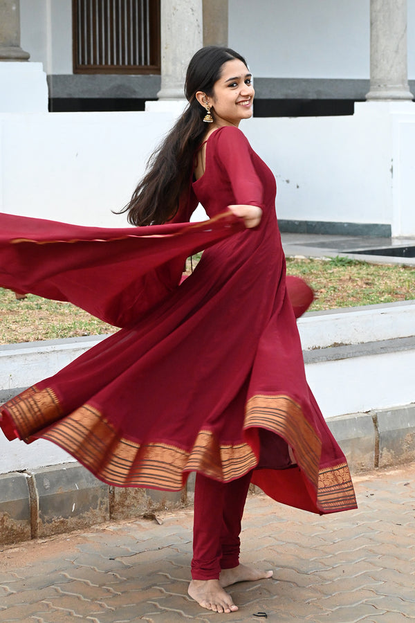 Maroon Anarkali with Chettinadu Border and Pure Chanderi Hand Dyed Dupatta