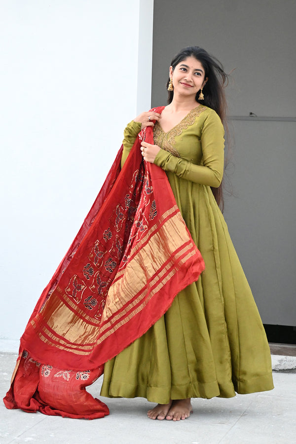 Olive Green Hand Embroidered Anarkali with Pure Modal Dupatta