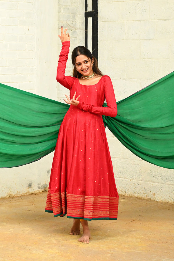 Red Anarkali with Green Dupatta