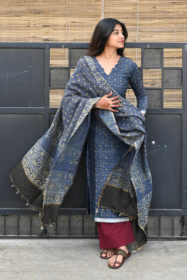 Blue Ajrakh Chanderi Top and Dupatta