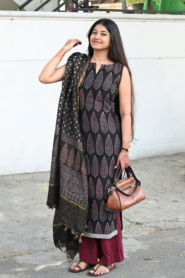 Black Ajrakh Chanderi Top and Dupatta