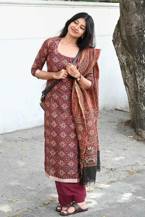 Maroon Ajrakh Chanderi Top and Dupatta