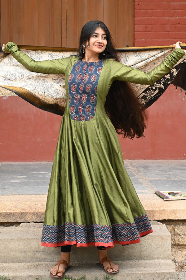 Olive Green and Indigo Anarkali with Kalamkari Dupatta
