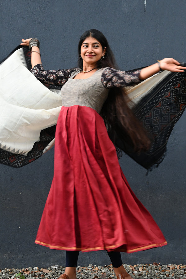 Black and Maroon Anarkali with Pure Ikat Dupatta