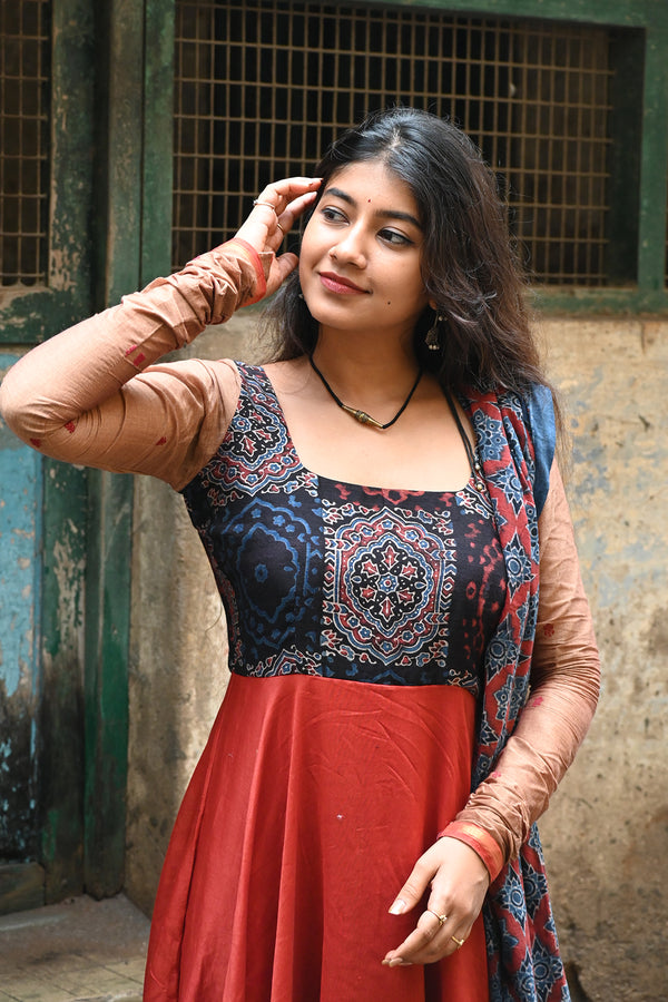 Rust Chanderi Anarkali with Kalamkari Dupatta