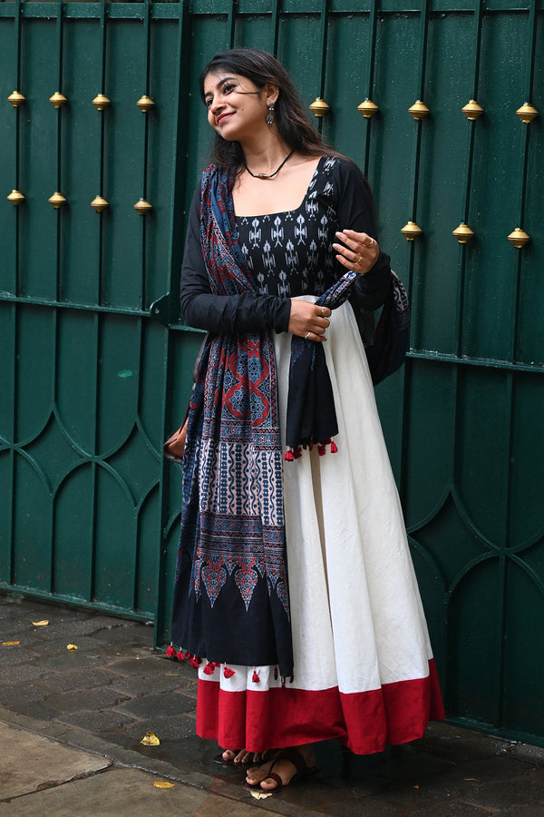 Black and White Anarkali with Kalamkari Dupatta