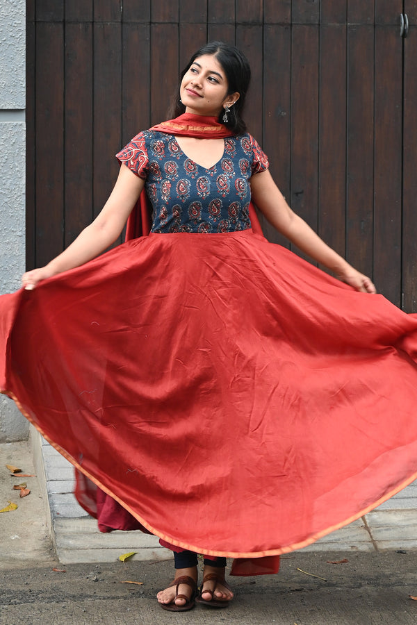 Rust Chanderi Anarkali with Chanderi Dupatta
