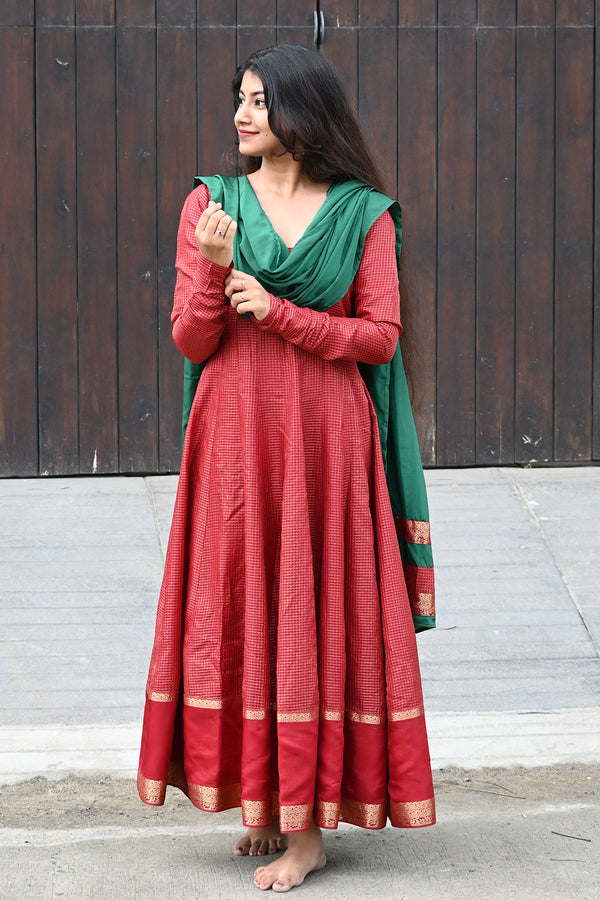 Maroon Anarkali with Georgette Green Dupatta