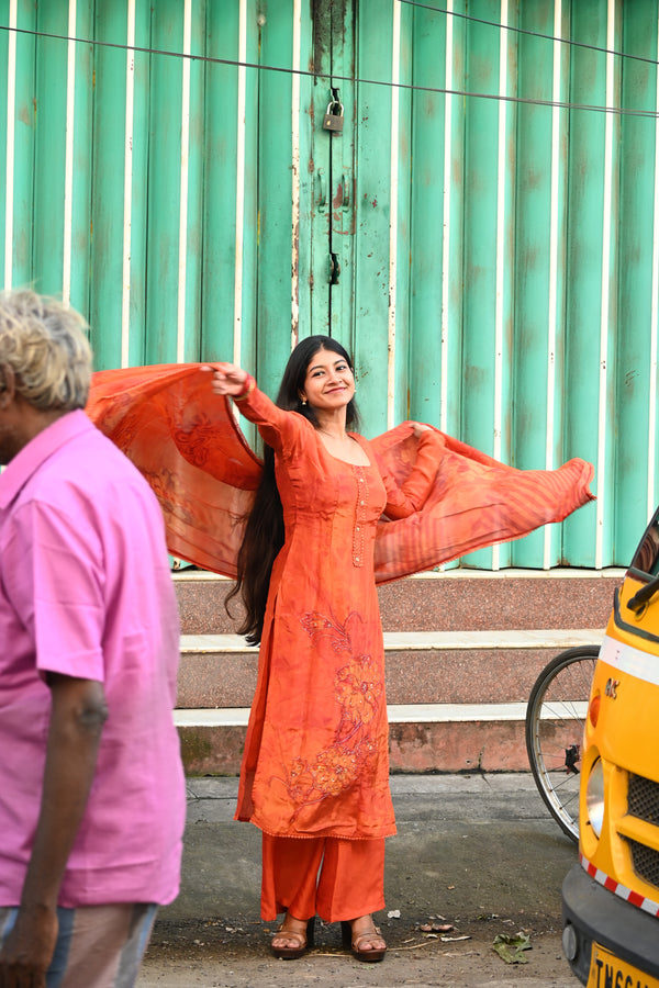 Orange crepe salwar with cut bead work (Full set)