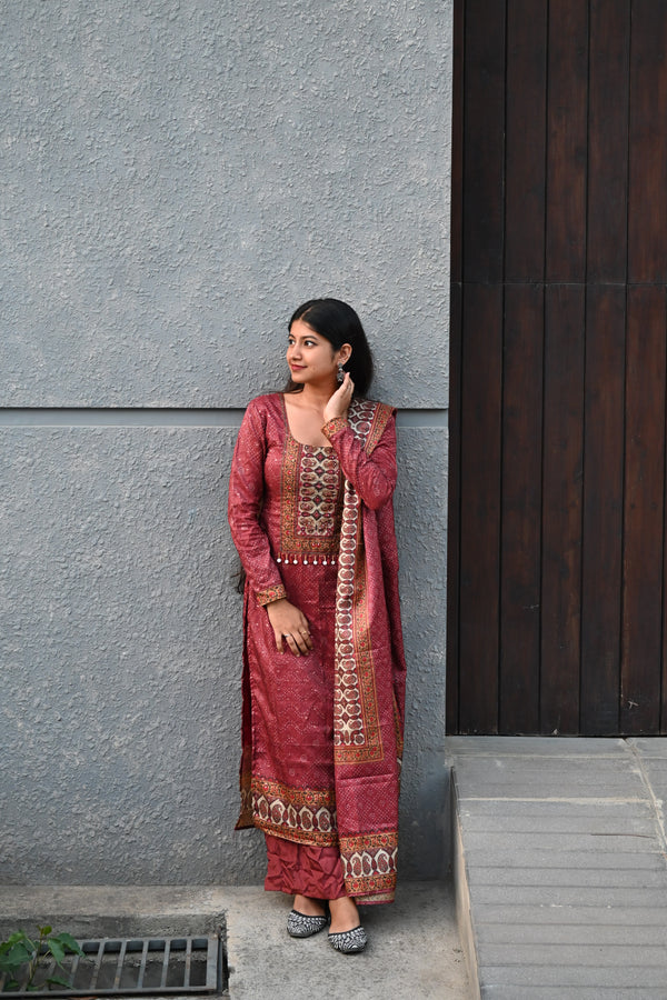 Brown Soft Tussar silk top with handwork on yoke( Full set)
