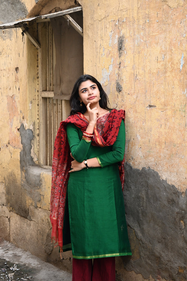 Green pure chanderi top and maheshwari cotton dupatta with bottom