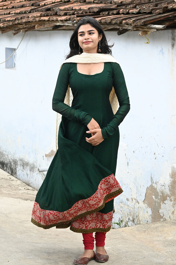 Green Anarkali with Half White Dupatta