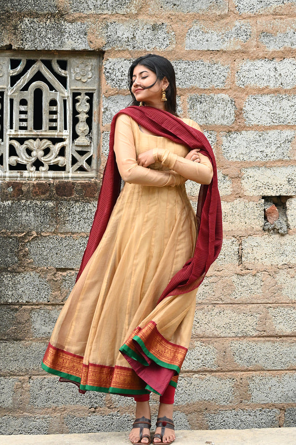 Gold Anarkali with Georgette Maroon Dupatta
