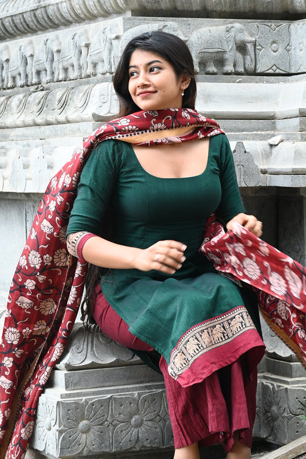 Green Pure Handloom Top and Kalamkari Dupatta with Bottom