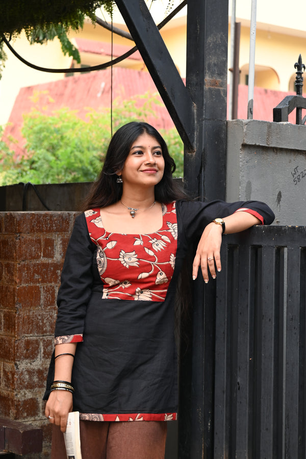 Black Pure Handloom Cotton Short Kurta