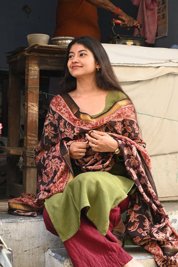 Olive Green Pure Chanderi Top and Dupatta with Bottom