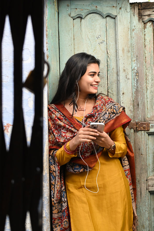 Yellow Pure Chanderi Top and Kalamkari Dupatta with Bottom