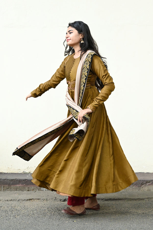 Gold Hand Embroidered Anarkali with Dupatta