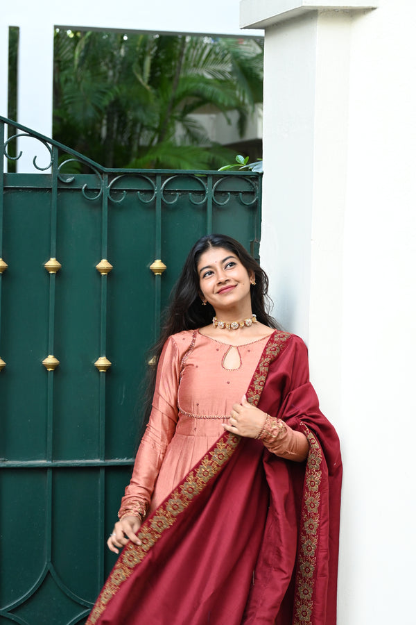 Peach pink  hand embroidered anarkali with dupatta