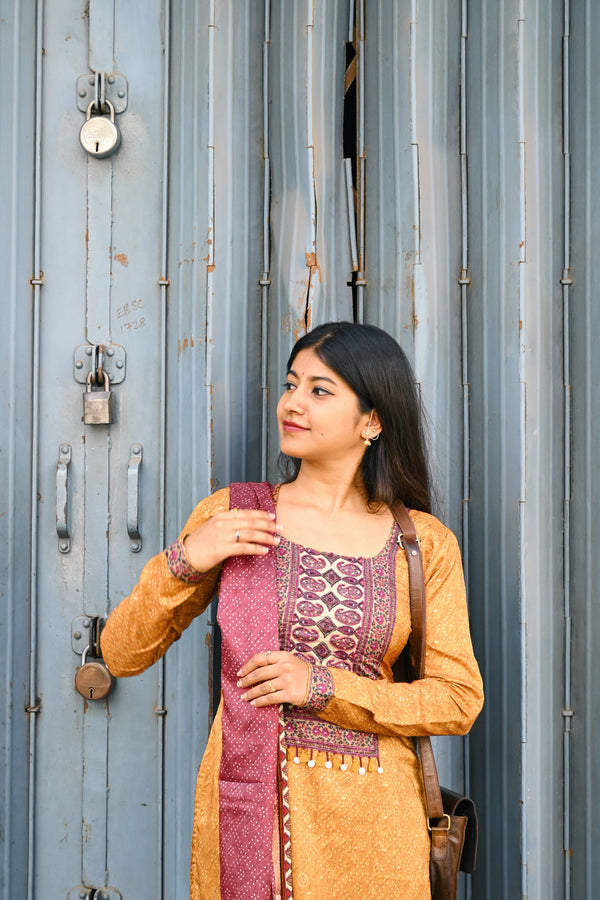 Yellow Soft Tussar silk top with handwork on yoke( Full set)